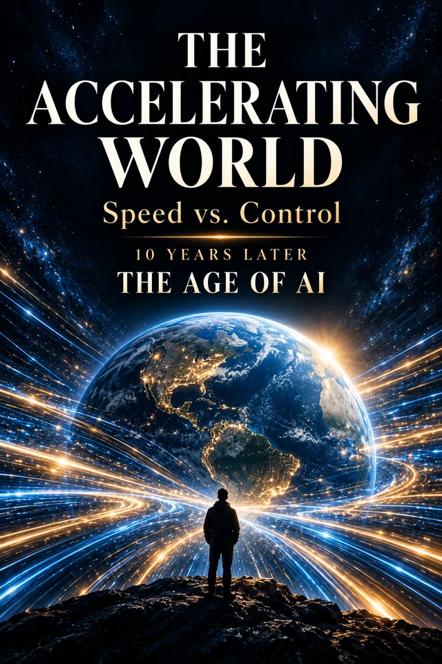 Portada: The Accelerating World, Speed vs. Control. 10 años después. La era de la IA. La Tierra rodeada de luz azul y dorada, con una persona que la contempla.
